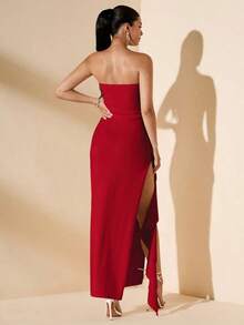 Vestido de dama de honor de boda de verano, vestido largo blanco con pliegues, abertura alta, volantes y tiras para fiesta, sin mangas y sin tirantes, sexy - Rojo - Ver 2