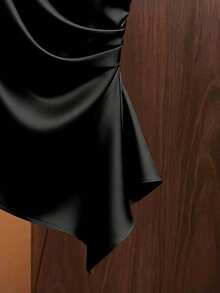 Blusa asimétrica de satén color caramelo con lazo en el hombro, diseño ajustado con pliegues asimétricos, adecuada para citas, ir al trabajo, con hombro sexy en capas, camisa elegante y de moda - Negro - Ver 4
