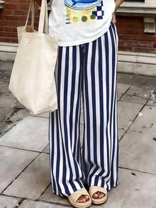 Pantalones sueltos y casuales a rayas para mujer, pantalones ligeros y cómodos de estilo bohemio elegante para primavera, verano y otoño, vacaciones en color rosa - Azul marino - Ver 1