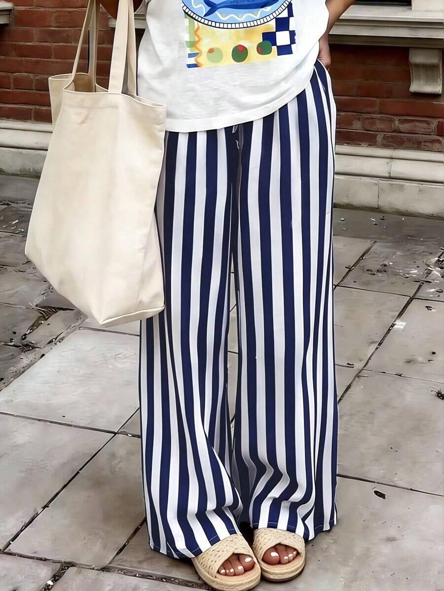 Pantalones sueltos y casuales a rayas para mujer, pantalones ligeros y cómodos de estilo bohemio elegante para primavera, verano y otoño, vacaciones en color rosa - Azul marino - Ver 1