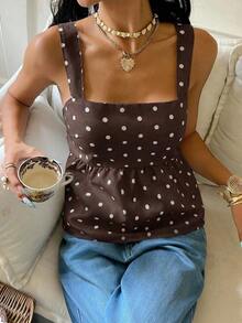 Camiseta de tirantes con volantes y lazo en la espalda con estampado de lunares para mujer - Café integral - Ver 6