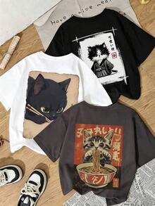 Camiseta casual de manga corta con cuello redondo para mujer, que presenta una combinación de motivos de carreras sencillos y patrones florales/aves japoneses, adecuada para mujeres, versátil y elegante.Artículo único - Blanco - Ver 5