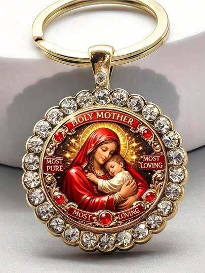 1pc Vintage Style Virgin Mary Pattern Round Keychain, Fashionable Bag And Car Key Decoration, Suitable For Men And Women, Christmas, Thanksgiving, Graduation, Birthday, Family And Friends Anniversary, Holiday Gift