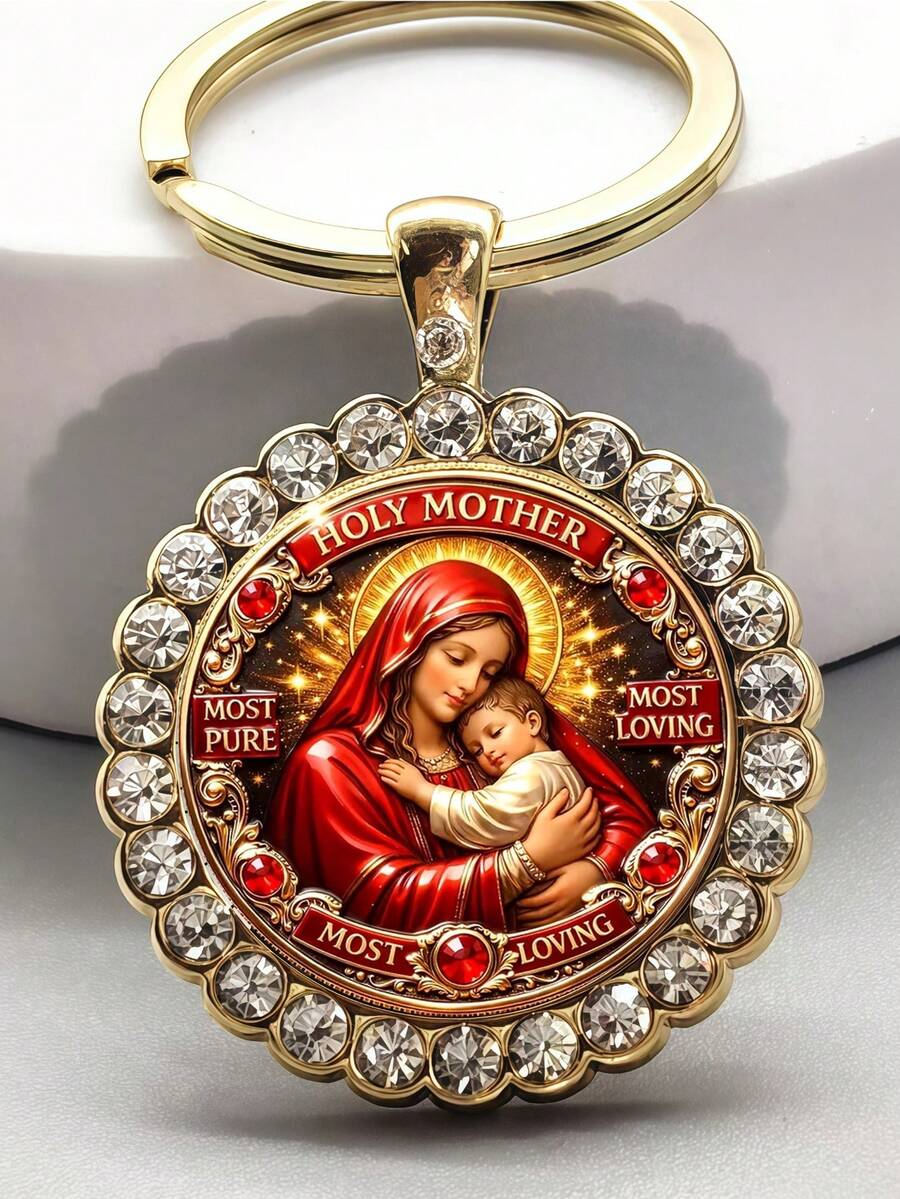 1pc Vintage Style Virgin Mary Pattern Round Keychain, Fashionable Bag And Car Key Decoration, Suitable For Men And Women, Christmas, Thanksgiving, Graduation, Birthday, Family And Friends Anniversary, Holiday Gift