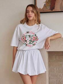 Camiseta Casual Blanca de Mujer, Cuello Redondo, Manga Corta con Hombros Caídos, Largo Regular A9LY - Blanco - Ver 6