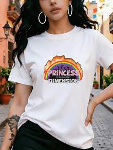 Women's T-Shirt With All-Over Rainbow, Fire, And Text Print; Short-Sleeved Letter Print; Round Neck; Versatile Casual Design In A  Urban Fashion Style; Comfortable Fit; Breathable And Washable; Ideal For Workouts And Casual Wear - 白色 - 查看 1