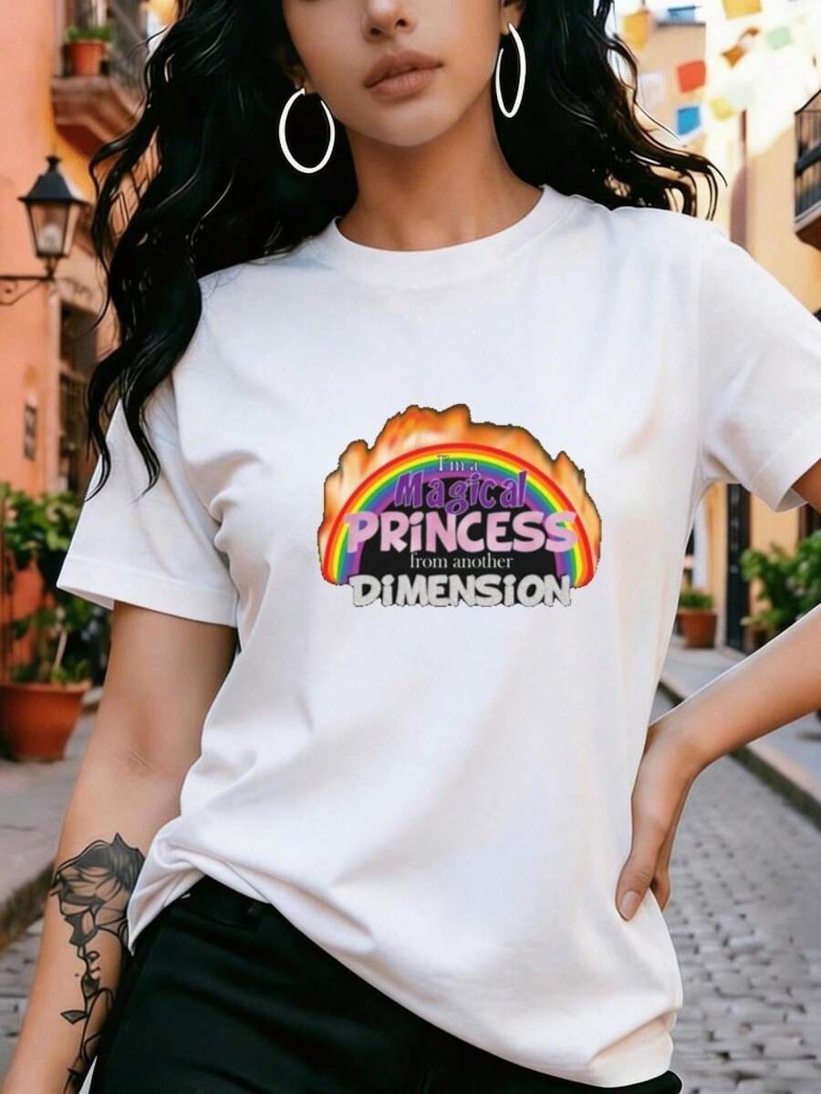Women's T-Shirt With All-Over Rainbow, Fire, And Text Print; Short-Sleeved Letter Print; Round Neck; Versatile Casual Design In A Urban Fashion Style; Comfortable Fit; Breathable And Washable; Ideal For Workouts And Casual Wear - 白色 - 查看 1