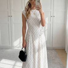 Women's Polka Dot Pattern Round Neck Cap Sleeve Elegant Mid-Length Dress Polka Dots Long Dress Women Dress Long Dress Black Dot Dress Dress Outfit - Rojo - Ver 2