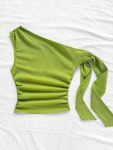 Top ligero de mujer con cuello asimétrico y tirantes de lazo, adecuado para fiesta, vacaciones, festival de música, estilo bohemio, cita de vacaciones, té de la tarde, top corto verde, elegante, campestre, chic, salir, tops para mujeres, Halloween, otoño, blusas casuales para mujer, fiesta - Verde - Ver 3