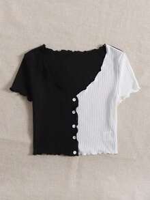Camiseta casual de mujer con botones, mangas cortas y volantes de color contrastante - Blanco y Negro - Ver 4