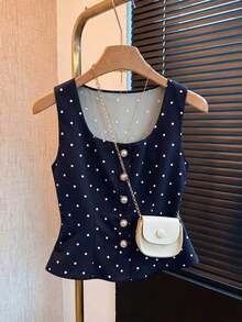 Elegante Blusa de Verano de Lunares Vintage con Decoración de Perlas para Mujer, Blusas Elegantes para Mujer, Atuendos de Trabajo para Mujer, Blusas de Verano para Mujer, Últimas Blusas Lindas para Mujer, Nuevos Llegados, Blusas Casuales El - Azul marino - Ver 3