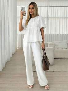 Camisa casual de mujer de unicolor, cuello redondo, manga corta y plisada - Blanco - Ver 4