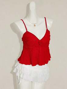 Blusa de tirantes de mujer con volantes de tela texturizada de unicolor para el verano y vacaciones - Rojo - Ver 7