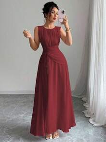 Vestido maxi casual, romántico, vintage y elegante de gasa para mujer con cordón en la cintura, para la playa, el té de la tarde, fiestas de noche, uso diario, sin mangas, de unicolor, vestido largo, primavera/verano - Burdeos - Ver 1