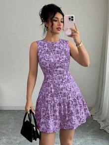Vestido mini bohemio elegante francés con estampado floral sin mangas y cinturón para mujer, atuendo de graduación para primavera/verano - Morado - Ver 7