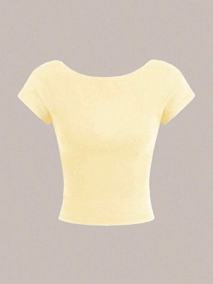 Camiseta casual de mujer de cuello de pico, manga corta y ajustada, versátil - Amarillo - Ver 1