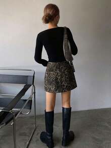Falda vaquera casual con botones delanteros y bolsillos con estampado de leopardo - Marrón 6 - Ver 3