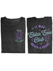 Camiseta Vintage Lavada para Mujer - Suave, de 230 g/m², de cuello redondo y manga corta, con estampado de patrón gótico emo (Diseño Old Emo Club, Murciélago y Rayo) - Camiseta ligera y cómoda para uso casual de verano, adecuada para la moda de la subcultura emo y atuendos casuales - /Morado/Pi-Transpirable y Amigable con la Piel - Negro 1 - Ver 5