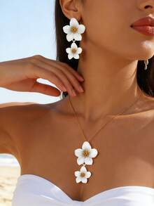 Bộ trang sức phong cách Bohemian gồm dây chuyền và bông tai hình hoa đôi, men mờ, thích hợp cho nữ, đi biển, dự tiệc hoặc đi nghỉ mát. - Vàng kim + trắng - Xem 3