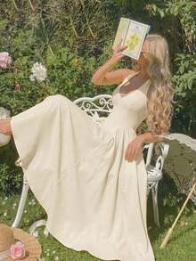 YHHSHEIN MOD Vestido largo con corbata de cuello de unicolor y estilo minimalista para mujer, uso casual diarioYHH - Albaricoque - Ver 12