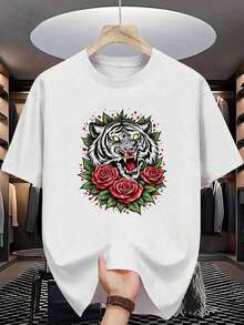 Solt 1pc Women's Pure Cotton T-Shirt, White, With Tiger And Red Rose Print. Made Of Premium Cotton, Soft To The Touch And Breathable. With An Exquisite, High-Quality Print, It Is Wear-Resistant And Does Not Fade Easily. Casual And Elegant, Easy To Match With Everyday Outfits, A Perfect Top And A Thoughtful Mother's Day Gift. 100% Cotton With Graphic Print. - 白色的 - 查看 1