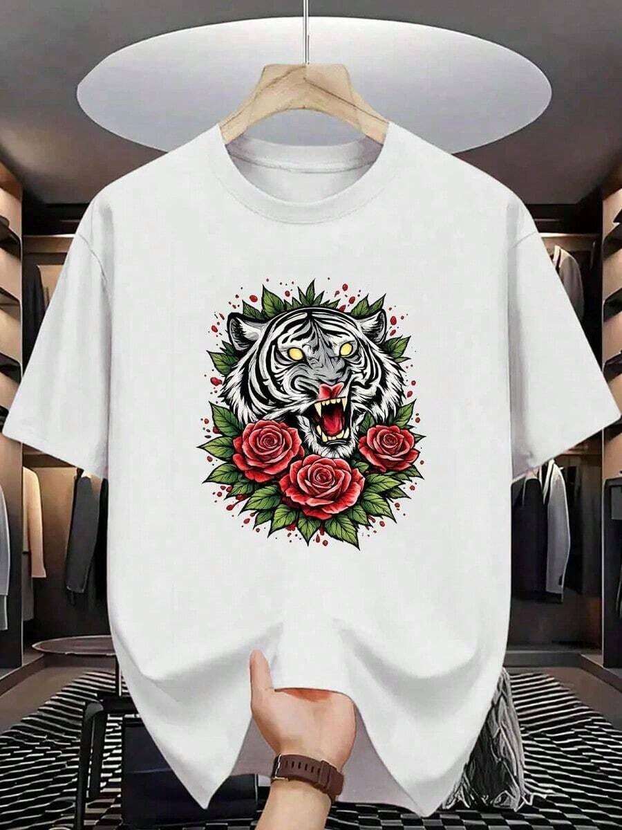 Solt 1pc Women's Pure Cotton T-Shirt, White, With Tiger And Red Rose Print. Made Of Premium Cotton, Soft To The Touch And Breathable. With An Exquisite, High-Quality Print, It Is Wear-Resistant And Does Not Fade Easily. Casual And Elegant, Easy To Match With Everyday Outfits, A Perfect Top And A Thoughtful Mother's Day Gift. 100% Cotton With Graphic Print. - 白色的 - 查看 1