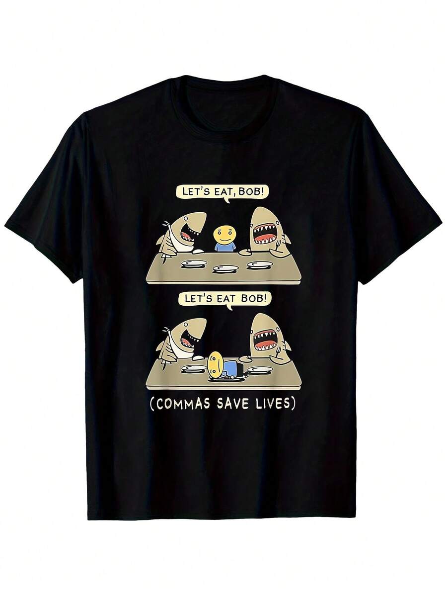 1 Funny T-Shirt With Grammar Shark Print - "Let's Eat, Bob!" & Humorous Design "Let's Eat, Bob (Commas Save Lives)", Casual Black Short Sleeve T-Shirt, Machine Washable, Regular Fit, Crew Neck, Everyday Wear, Cartoon Graphic T-Shirt, Medium Stretch Fabric - 黑色 - 查看 1