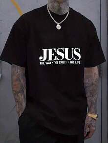 Camiseta de manga corta estampada "Jesus Path Truth Life" para hombre, estilo casual urbano, adecuada para uso diario y expresión religiosa, 100% algodón. - Negro - Ver 1