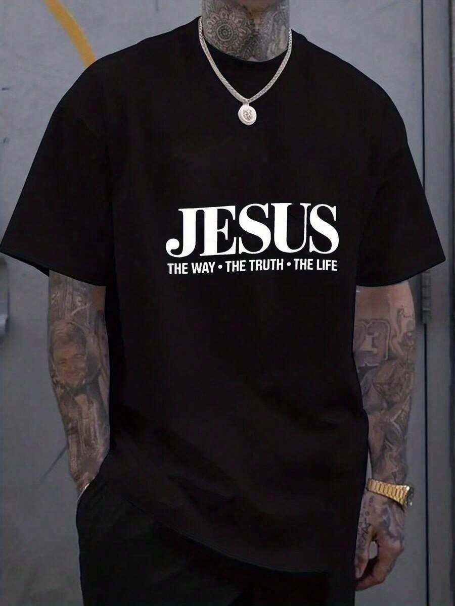 Camiseta de manga corta estampada "Jesus Path Truth Life" para hombre, estilo casual urbano, adecuada para uso diario y expresión religiosa, 100% algodón. - Negro - Ver 1