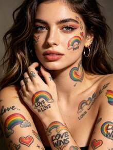 8张LGBTQ+骄傲主题临时纹身贴纸，包含鲜艳的彩虹心形图案、“爱赢了”和“为爱骄傲”标语贴纸，防水持久自粘，色彩缤纷，适用于骄傲月游行、LGBTQ+活动、锐舞派对、派对和演唱会等场合，也可作为DIY面部和身体彩妆配件。 - 彩色 - 查看 5