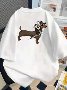 Plus Size T-Shirts For Women - Loose Fit Drop Shoulder T-Shirt, Casual Short Sleeve T-Shirts, Short Sleeve T-Shirt With Front And Back Print - Dog Style, Polka Dot Print Scarf - Spring/Summer Printed T-Shirt For Women, Fashionable Item, Versatile And Casual, Breathable And Comfortable. - 白色 - 查看 2