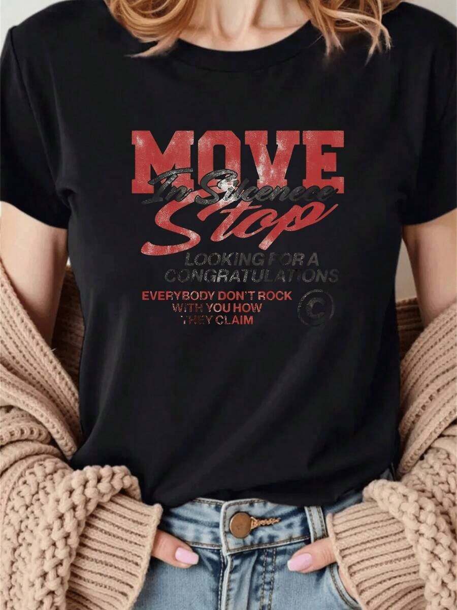 Altamente recomendado: Camiseta de mujer con impresión de cita motivacional en rojo llamativo que inspira confianza y perseverancia, con el mensaje "Actúa con sinceridad y detente". Fomenta a las mujeres a actuar con propósito y fuerza. Camiseta de mujer 100% algodón, estilo casual, fácil de combinar. - Negro - Ver 1