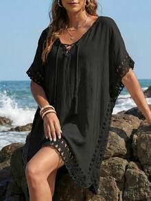 Vestido Playa Holgado para Mujer con Encaje Macramé y Cordón, Colores Azul, Negro y Blanco, Ideal para Verano - Negro - Ver 1