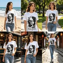 Tops para mujer Casual de Algodón de Manga Corta con Cuello Redondo para Mujer con Estampado de Calaveras y Rosas - Blanco - Ver 10