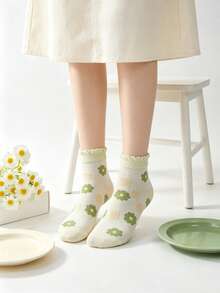 5 pares de calcetines de tela con patrón de diamantes y flores de estilo palaciego en tonos verdes aleatorios, suaves y cómodos, versátiles para uso casual, en el hogar, diario, trabajo, festivales y talla grande ocasiones - Multicolor - Ver 10