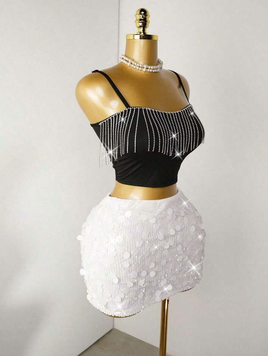 Minifalda ajustada con lentejuelas para ropa de fiesta de vacaciones - Blanco - Ver 1