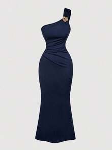 Vestido de cola de pez con cuello fruncido y decoración de broche azul - Azul marino - Ver 5