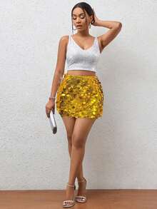 Minifalda ajustada con lentejuelas para ropa de fiesta de vacaciones - Dorado - Ver 6