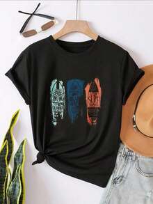 Women's Modern Minimalist Cotton T-Shirt, Short Sleeve, White Options, Breathable, Loose Fit, Round Neck, Classic Blue Surf Wave Design, Oversized Graphic Tees, Exquisite Design, Casual And Modern Style, Summer T-Shirts, Suitable For Casual Daily Wear, Home Workouts, Outdoor Activities, Beach Vacation, Ideal For Gifting Women's Clothing. - 黑色 - 查看 3