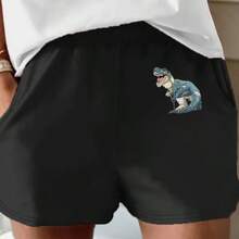 Round Neck Short Sleeve T-Shirt And Shorts, New Y2K Style Fun Blue Dinosaur Print Beige Loose T-Shirt + Simple Shorts Set, Versatile 2pcs Outfit For Daily Commute, Casual Wear, And, Machine Washable - 短褲 - 查看 8