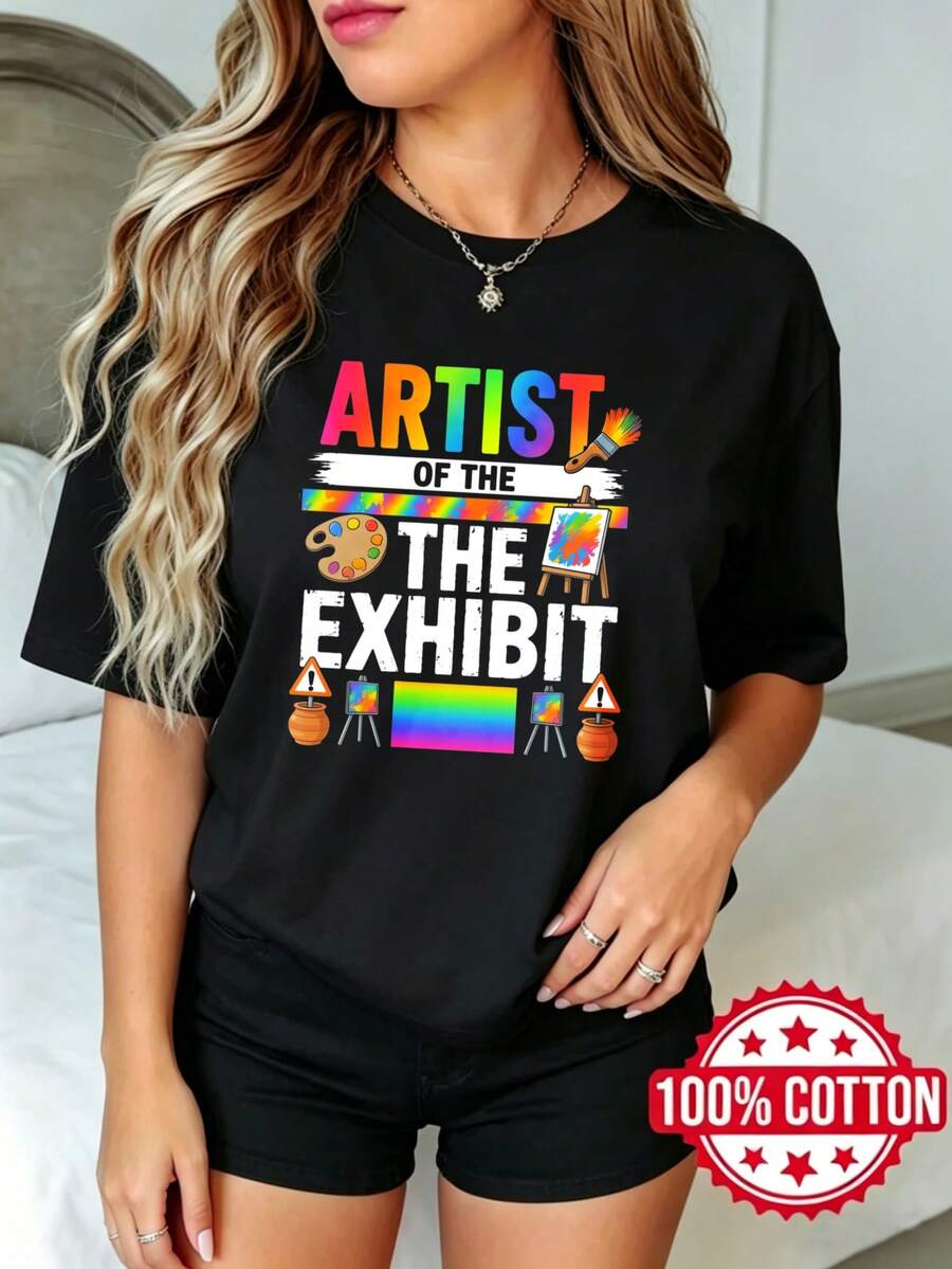 Women's Black Short-Sleeved T-Shirt With Round Neck And Print, Summer, Casual Style, Exhibition Artist S-3XL, Fashion, 100% Cotton Material - 黑色 - 查看 1