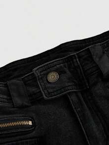 ROMWE Grunge Punk Shorts vaqueros de tiro súper bajo con parches, estilo Harajuku Gyaru Gal Y2K, de cintura súper baja y peludo - Negro - Ver 3