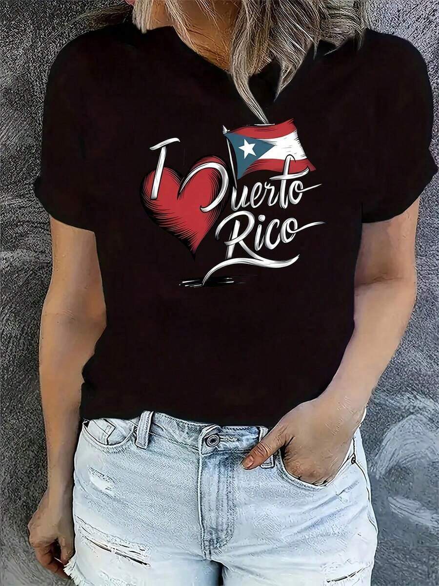 Camiseta Deportiva Casual para Mujer de Talla Grande, Cuello Redondo, Mangas Cortas, con Estampado de Bandera de Corazón Rico, Perfecta para un Top Cómodo de Verano. Estilo Oversize, Corte Holgado, Transpirable, Ligera, Casual, Y2K, Streetwear, Boho, Vintage, Minimalista, Estilo Campestre, Athleisure, Verano, 100% algodón. - Negro - Ver 1