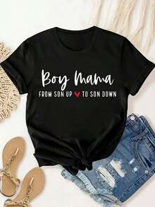 Camiseta de Mujer con Estampado de Texto, Moda de Verano para Mujer, Casual, Cómoda, Suave, Deportiva y para Fitness, Transpirable, de Cuello Redondo y Manga Corta para Uso Diario al Aire Libre. - Negro - Ver 1