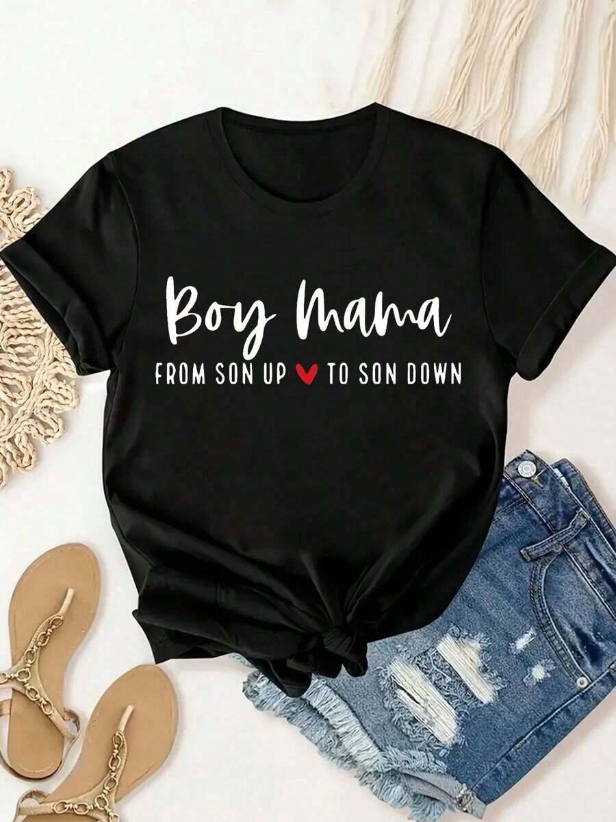 Camiseta de Mujer con Estampado de Texto, Moda de Verano para Mujer, Casual, Cómoda, Suave, Deportiva y para Fitness, Transpirable, de Cuello Redondo y Manga Corta para Uso Diario al Aire Libre. - Negro - Ver 1