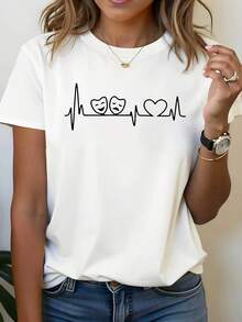 Modern And Minimalist Women's T-Shirt With  Heartbeat Print, White Short-Sleeved Printed T-Shirt, Casual Style, Elegant Design, Versatile For Everyday Wear, Fabric, Casual And Modern Style For Everyday Life. - 白色 - 查看 1