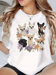 SummerPlayera de mujer 100% algodón con estampado de perros chihuahua y flores, cuello redondo, estilo casual suelto, ideal para verano, transpirable y cómoda para uso diario camisas de mujer blusa ropa de mujer blusas para dama casuales camisas blusas ofertas y liquidaciones ropa mujer blusa casual mujer blusa mujer J1NGFashion All-match Women's Short Sleeve T-shirt, Basic Style for Inner & Outer Wear - Blanco - Ver 8