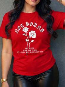 Summer Casual T-Shirt. Women's 100% Cotton T-Shirt With Vintage Rose Art Print, Modern And Comfortable Design, Ideal For Everyday Summer Casual Wear. 100% Cotton. Durable. Fashionable And Versatile Women's Short Sleeve T-Shirt, Basic Style For Inner And Outerwear. - 紅色的 - 查看 7