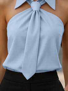 Atasan Wanita Kasual Elegan Serbaguna Warna Polos dengan Kerah, Ikat Pinggang, dan Bahu Terbuka, Tanpa Lengan, Musim Semi/Panas - Baby Blue - View 5