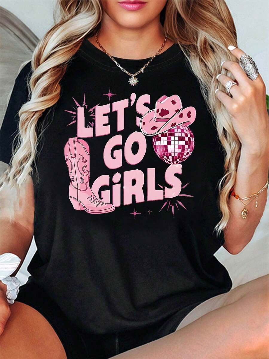 LET'S GO GIRLS Camiseta de Mezclilla con Estampado de Letras Disco para Mujer, Camiseta Casual de Manga Corta y Cuello Redondo para Primavera/Verano, Uso Diario Casual, Regalo para Fiestas - Camiseta Unisex de Estilo Vintage Urbano, de Algodón, Manga Corta y Cuello Redondo. - Negro - Ver 1